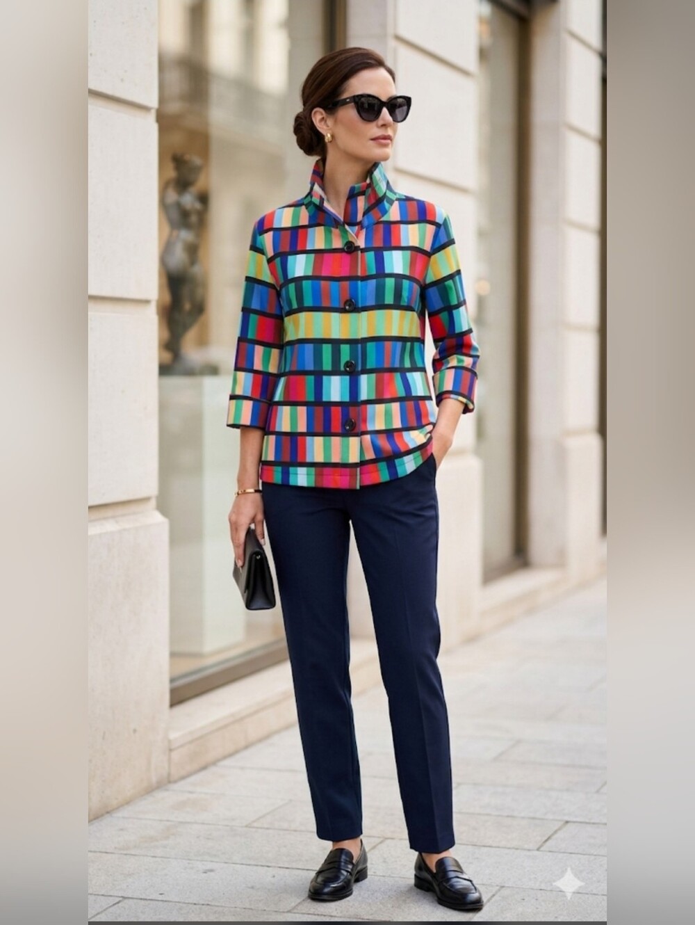 Samuel Dong Statement Blouse Vibrant Multicolor Grid Pattern High Collar